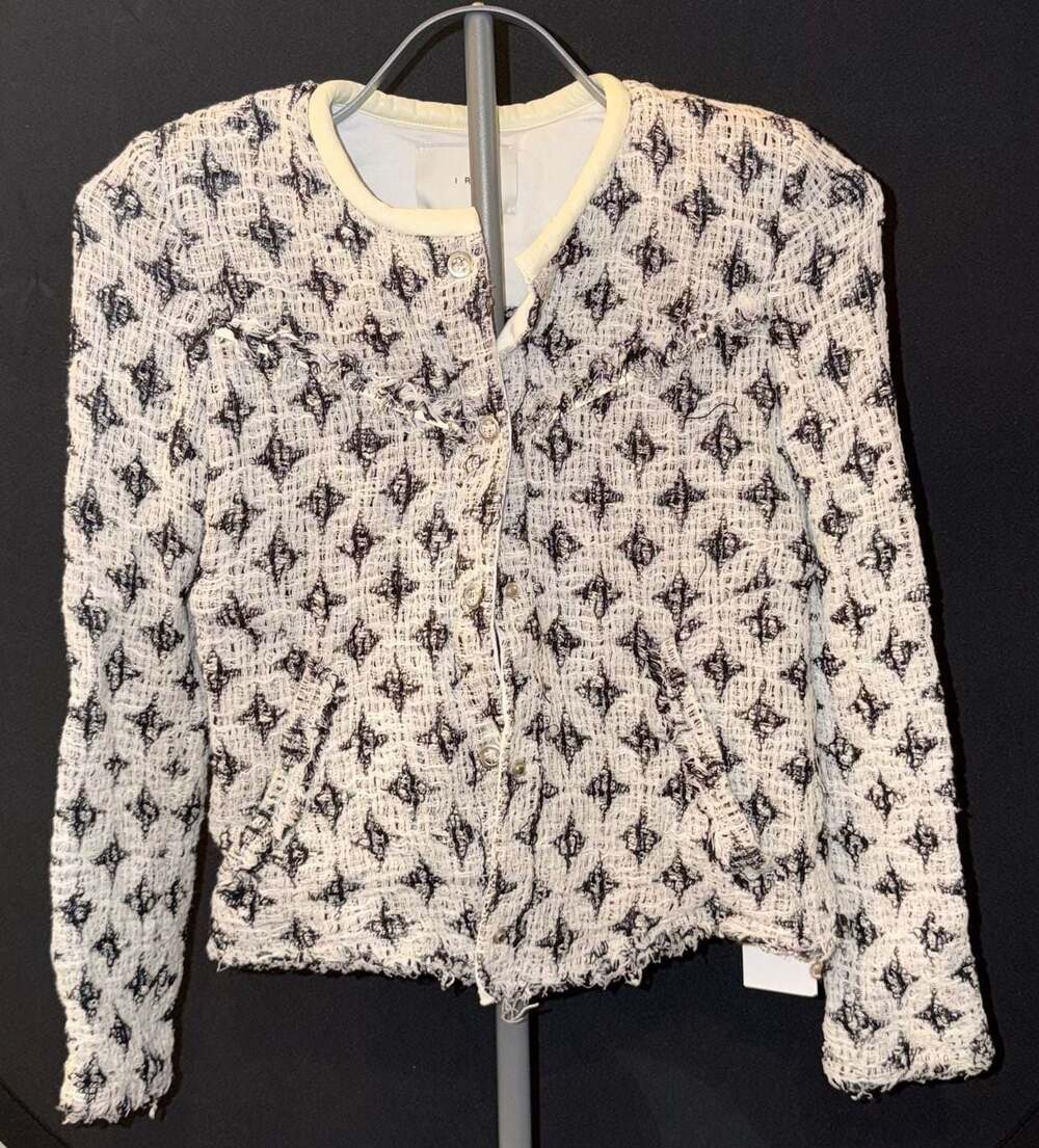 IRO Handi Black and White Patterned Tweed Jacket with Lamb Leather Trim
